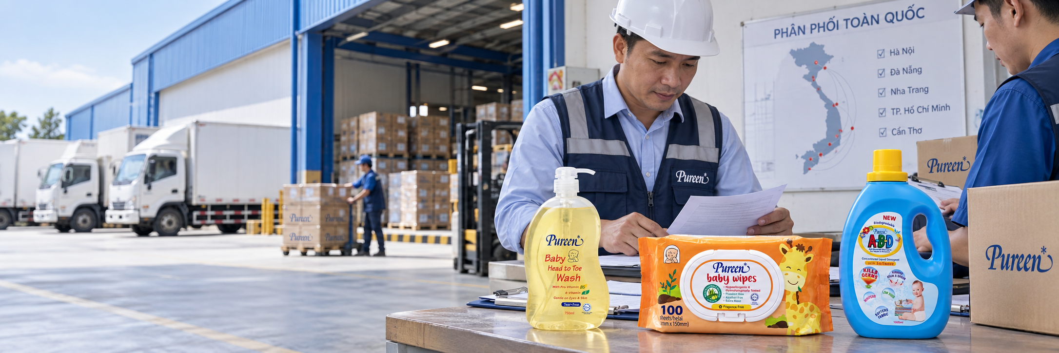 Đội ngũ điều phối cùng sản phẩm Pureen tại trung tâm phân phối Việt Nam